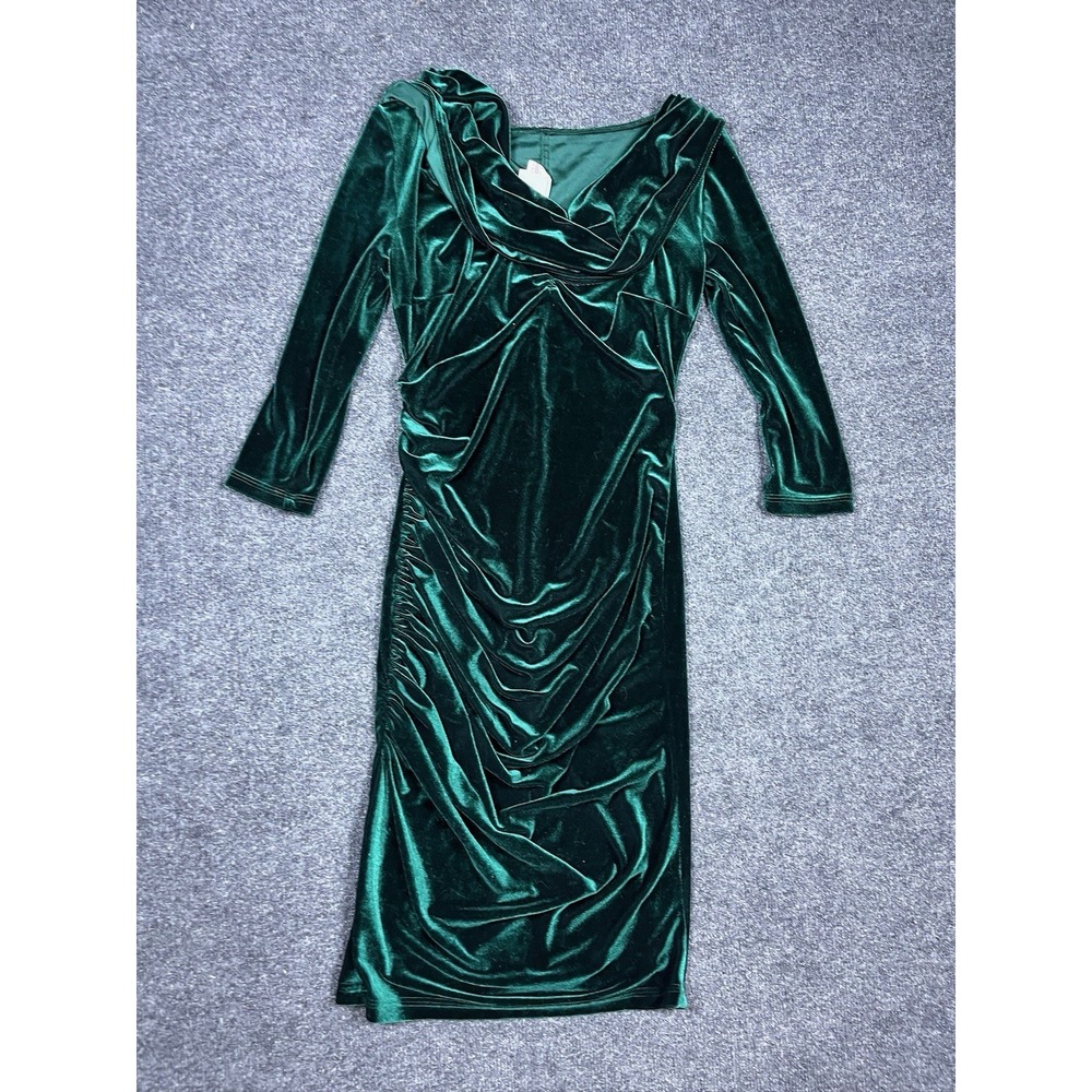 Deadly Dames Pinup Couture Dress Green Velvet Medium Sexy Vampy Ruched Wiggle